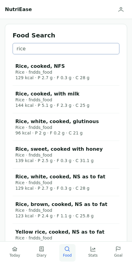 NutriEase food search screen with food results and portions