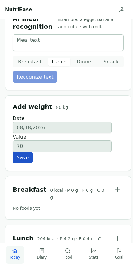 NutriEase measurement form for weight and waist tracking