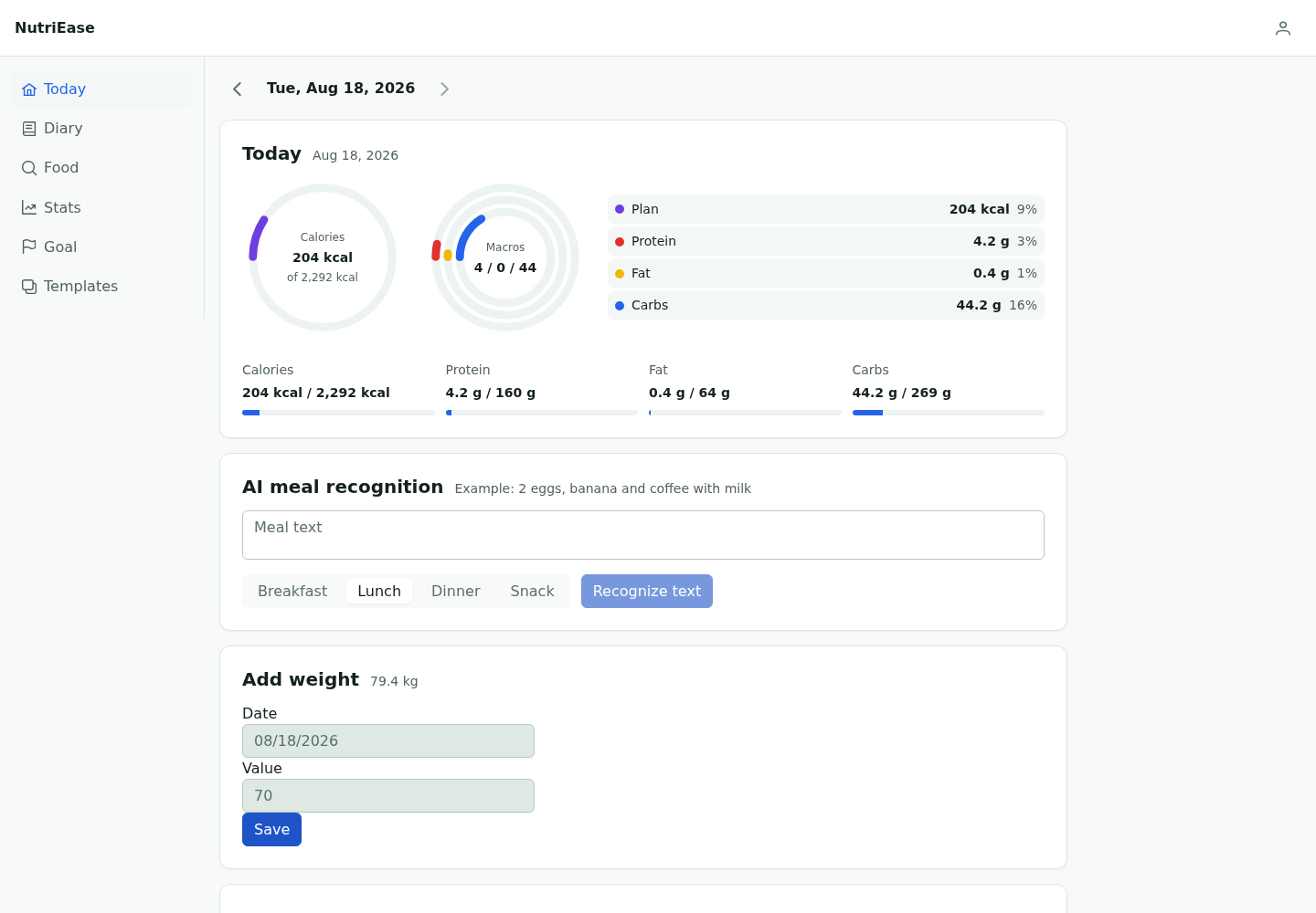 NutriEase daily nutrition dashboard showing calories and meals